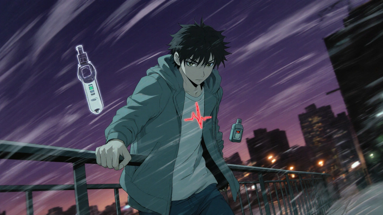 A person stumbling at dusk, looking dizzy and anxious, with visual cues of breathalyzer and heartbeat monitor.