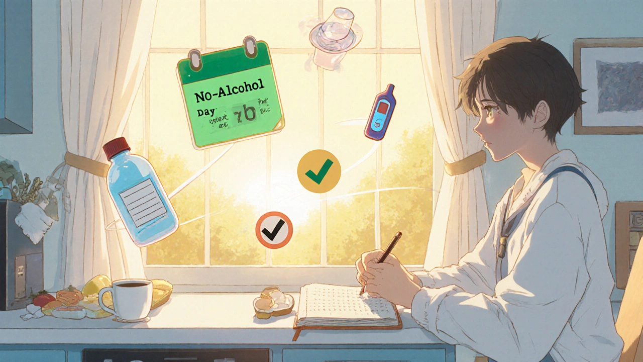A sunrise kitchen scene where someone writes in a journal, with icons for pills, water, and safety checkmarks.