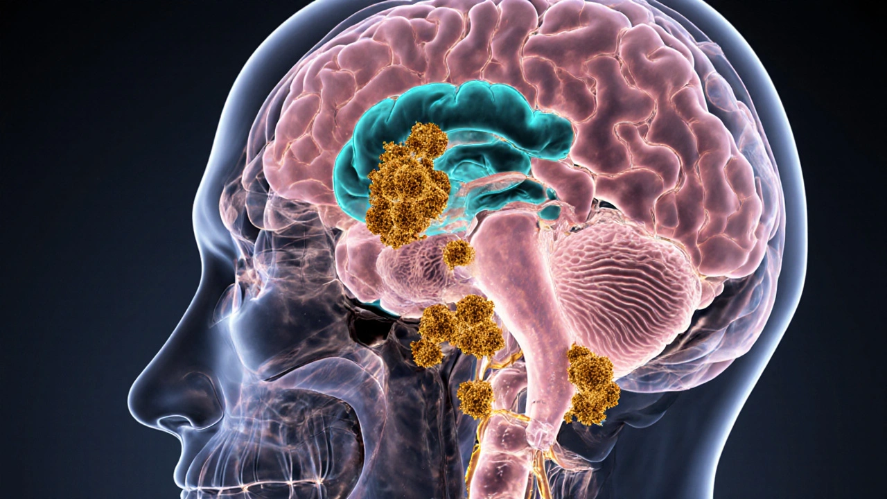 Anatomical illustration shows brainstem and ganglia with amber alpha‑synuclein deposits.