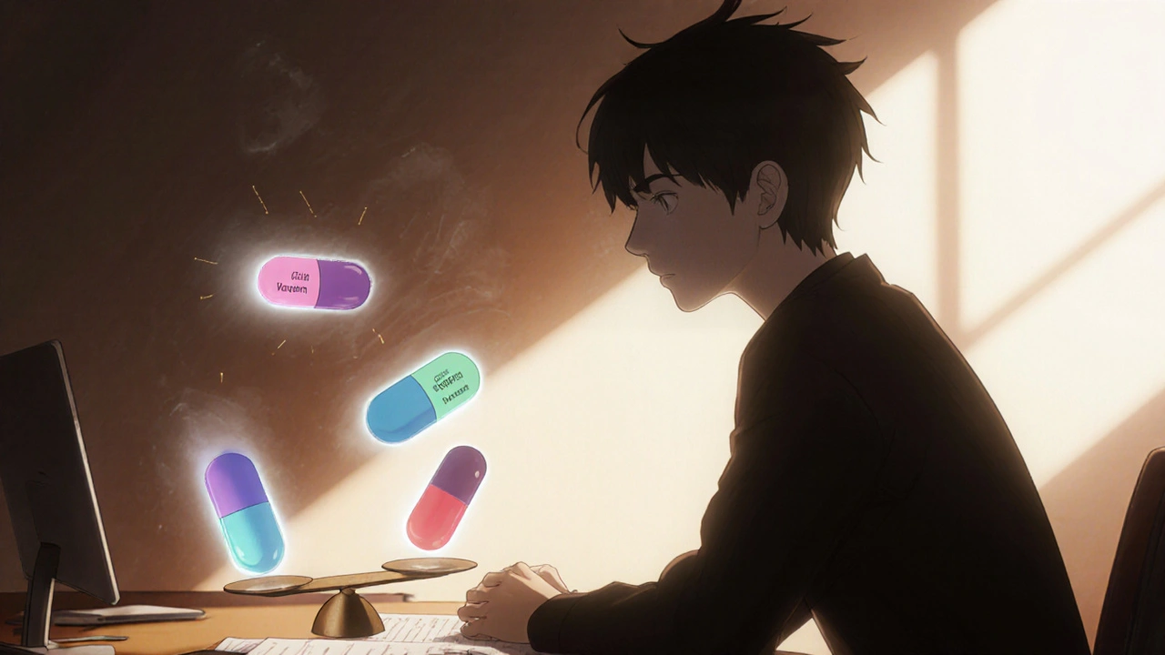 Anime character at a desk weighing different ED pills on a floating balance scale.