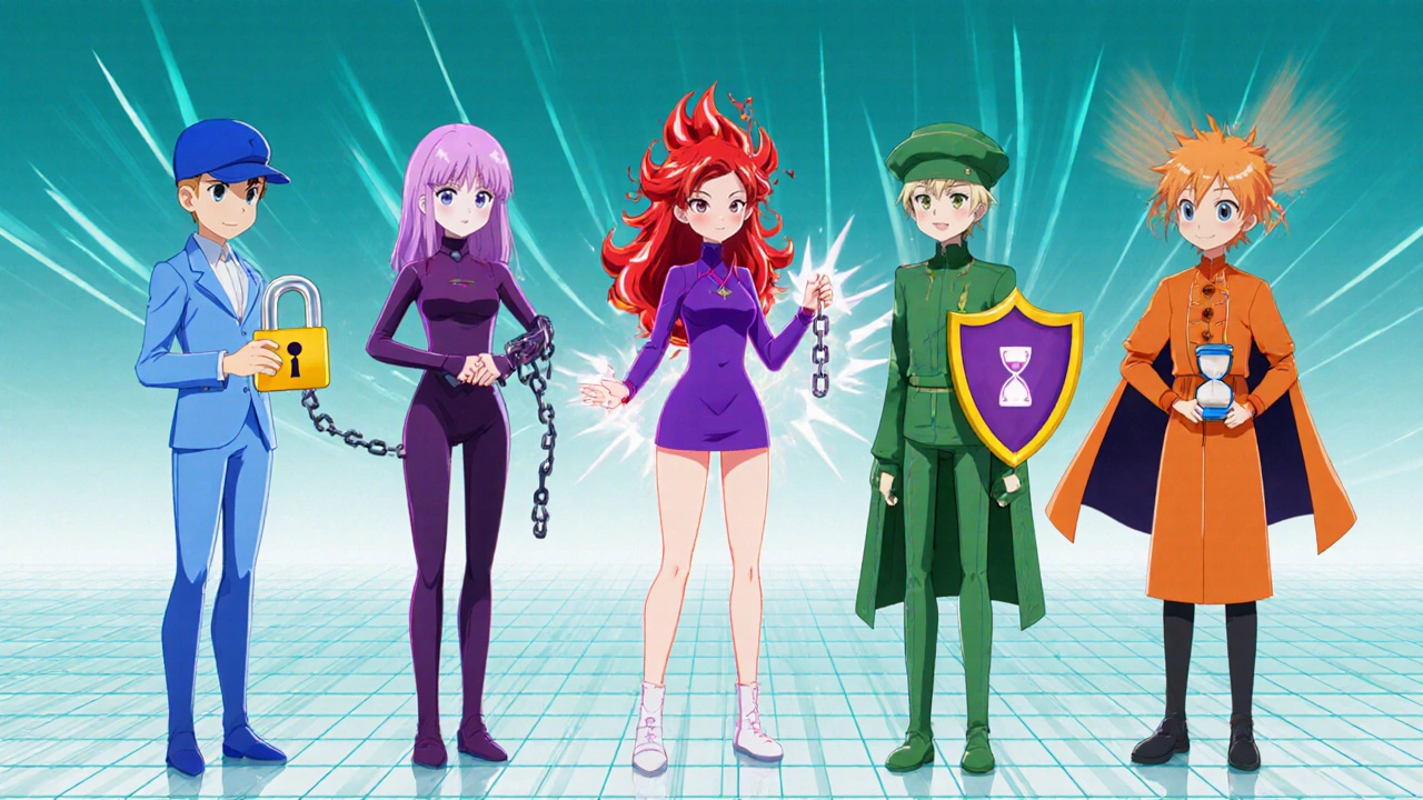 Anime characters representing Altraz, Aromasin, Femara, Nolvadex, and Clomiphene on a grid.