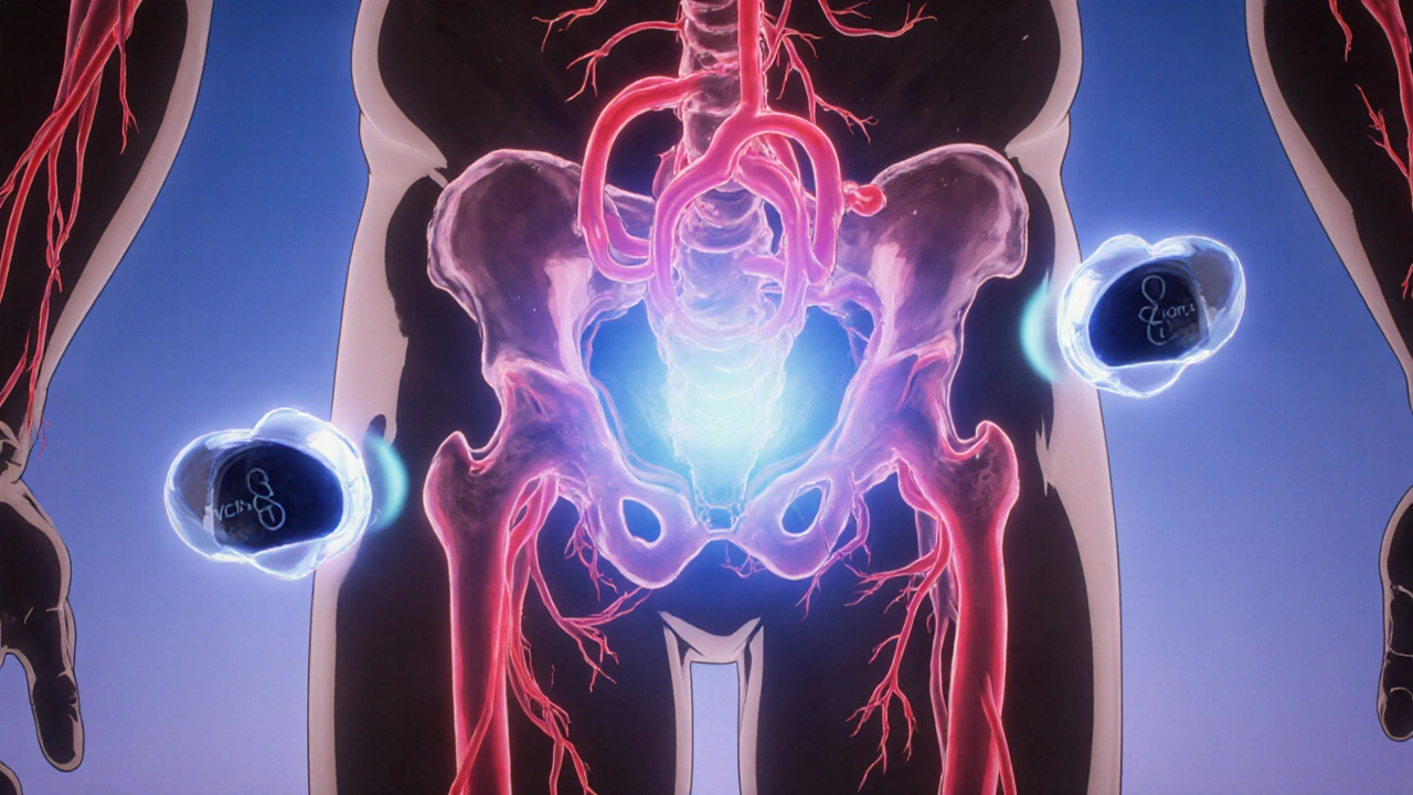 Anime illustration of male pelvic blood vessels expanding with glowing pill icons nearby.
