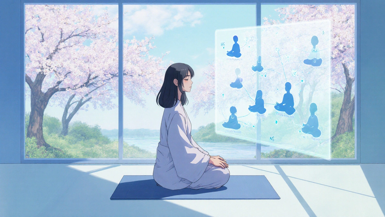 Anime-style Aisha guides a virtual mindfulness group in a tranquil garden setting.