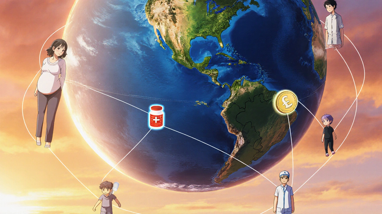 Anime-style globe with diverse patients linked, symbolizing worldwide Zidovudine impact
