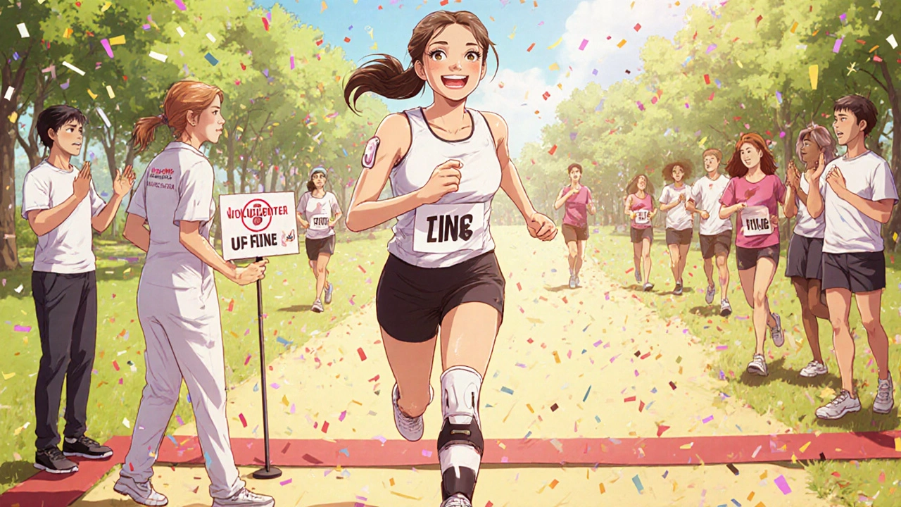 Anime-style Maya crosses a charity race finish line with supportive teammates.
