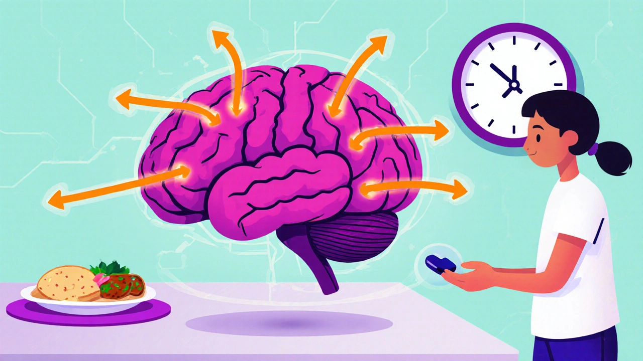 Cartoon brain with serotonin arrows and a tablet illustrating dapoxetine's fast action.