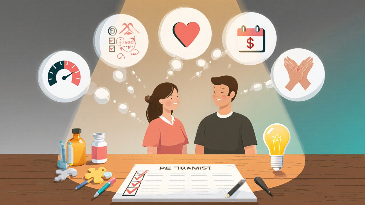 Cartoon couple reviewing icons and thought bubbles to choose the best PE treatment.