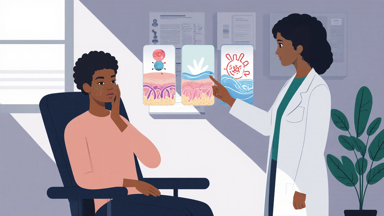 Dermatologist shows three floating visuals of retinoid, antibacterial, and exfoliant mechanisms to patient.