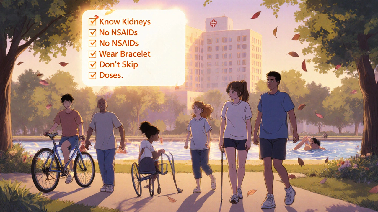 Diverse patients exercising safely in park with floating prevention checklist, golden hour lighting.