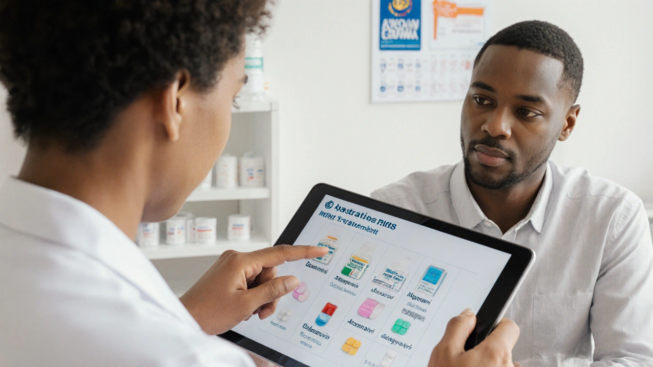 Doctor and patient discussing atazanavir, darunavir, and dolutegravir tablets in a clinic.