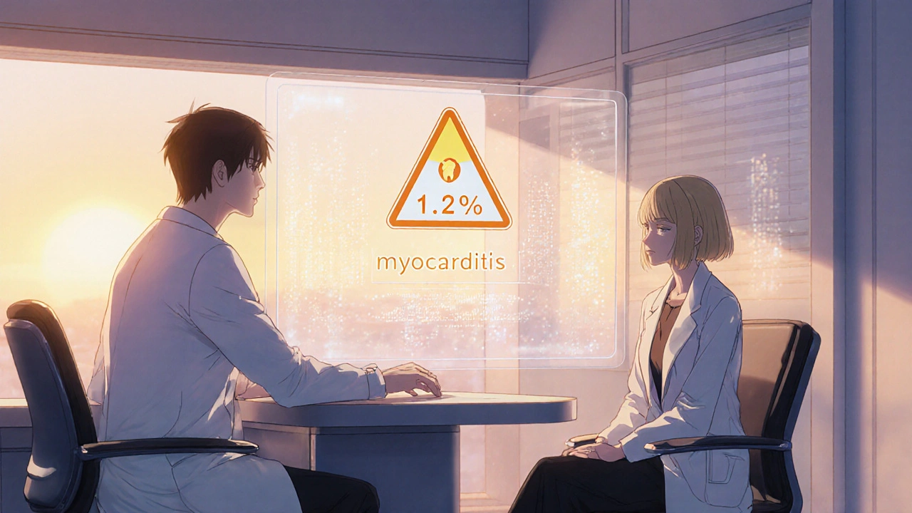 Doctor and patient reviewing a holographic personalized boxed warning in anime style.
