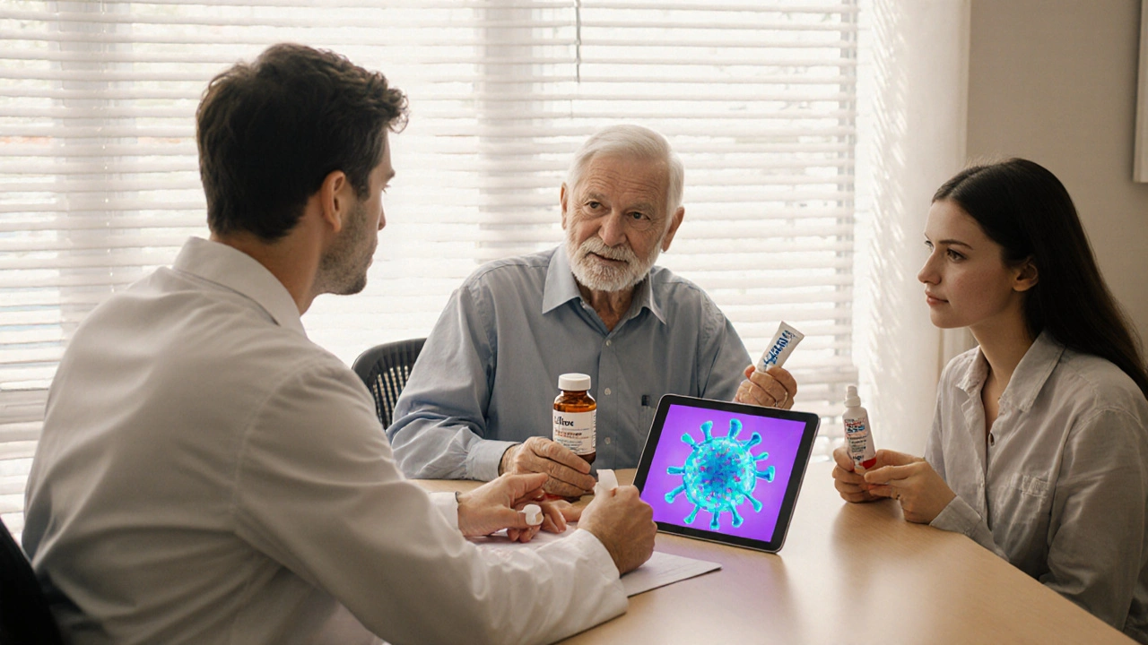 Doctor consulting young adult, elderly patient, and teen, each with relevant antiviral medication.