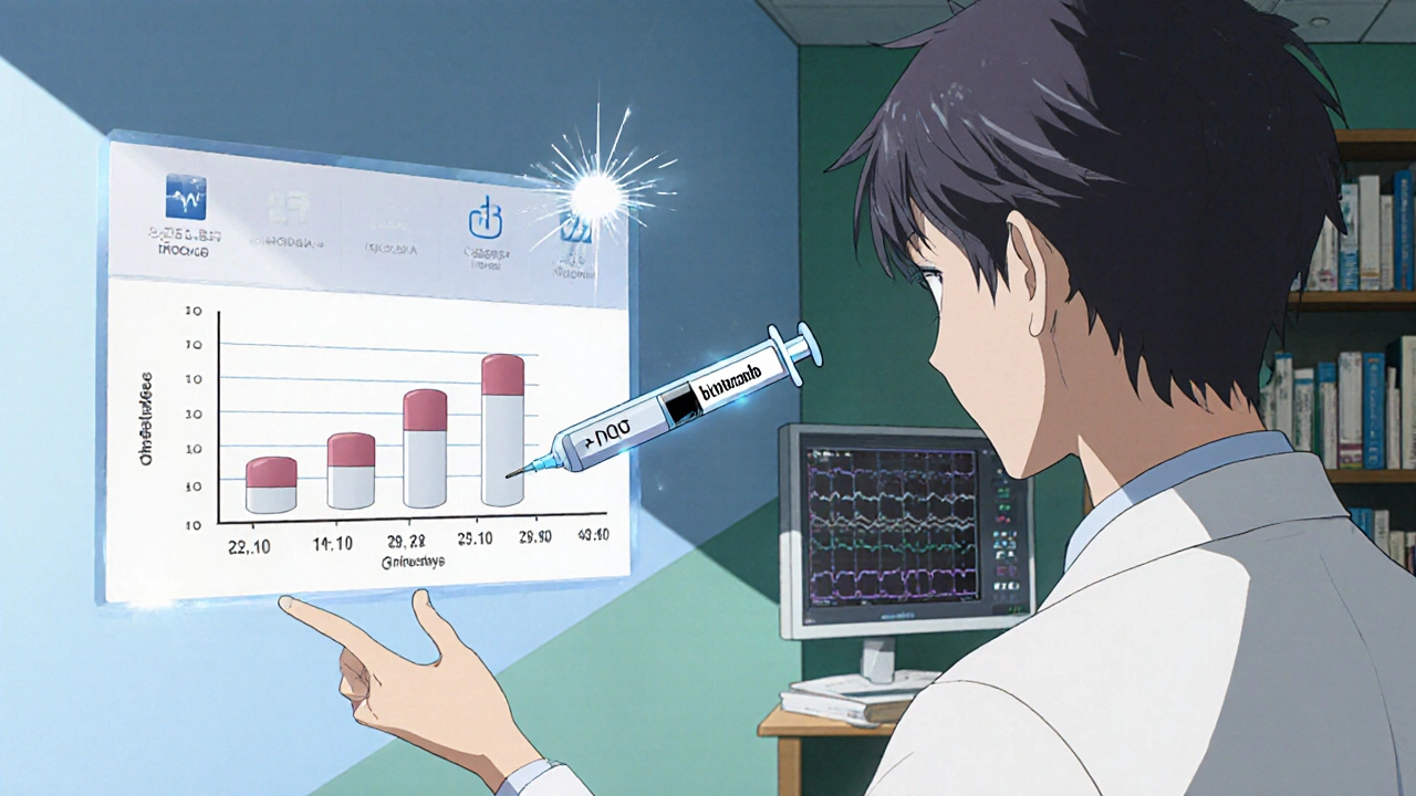 Doctor explains dosage increase and shows syringe for biologic therapy with heart monitor overlay.