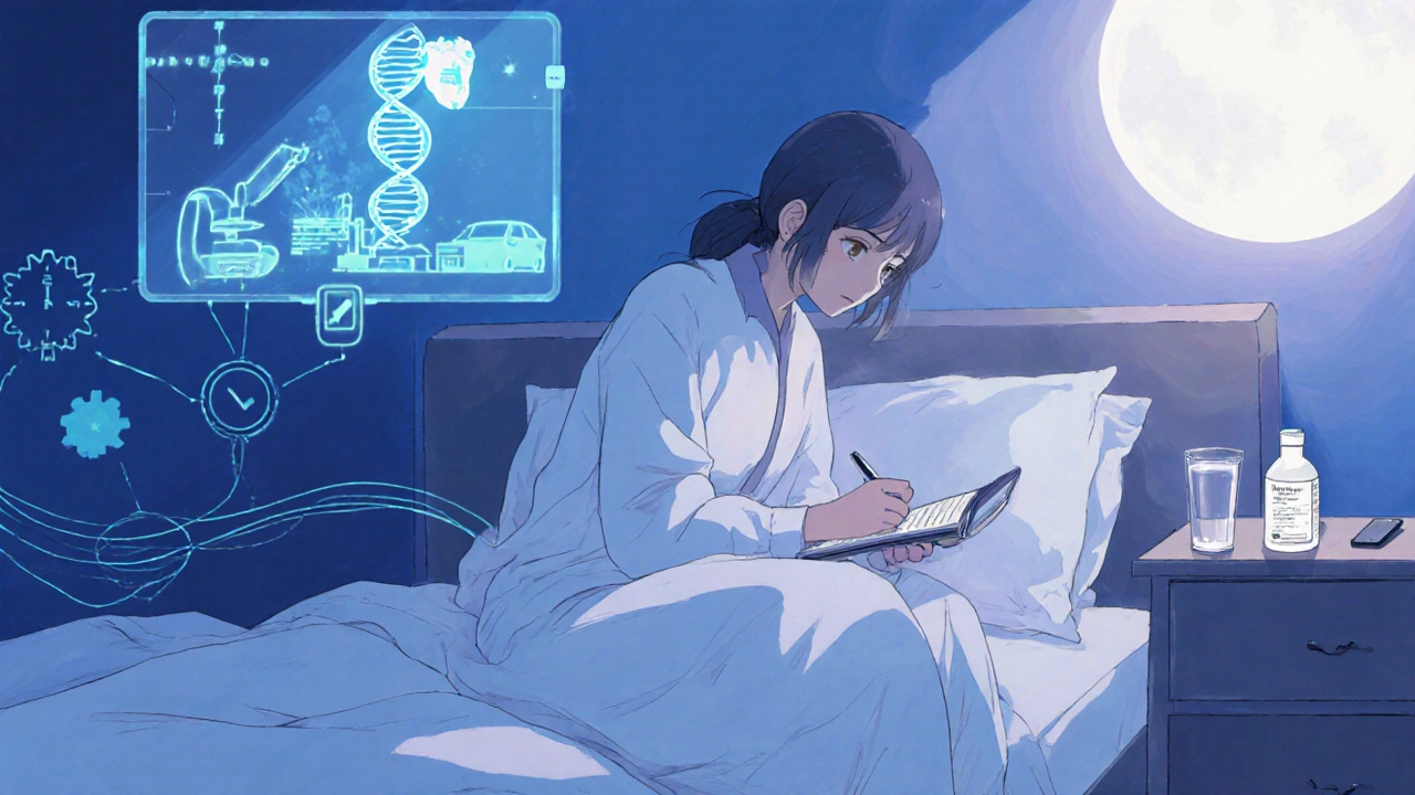 Evening routine with symptom diary, fexofenadine bottle, and hint of DNA testing for future treatments.