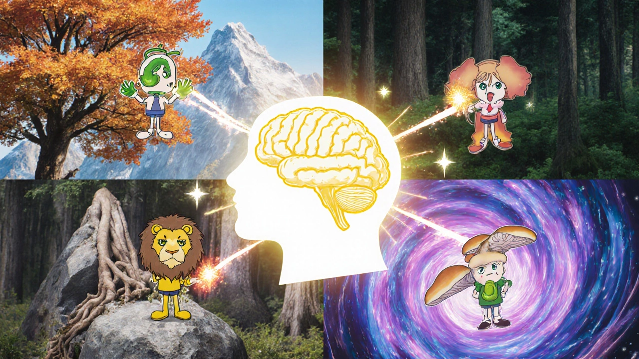 Four herbal mascots orbiting a glowing brain in vibrant settings.