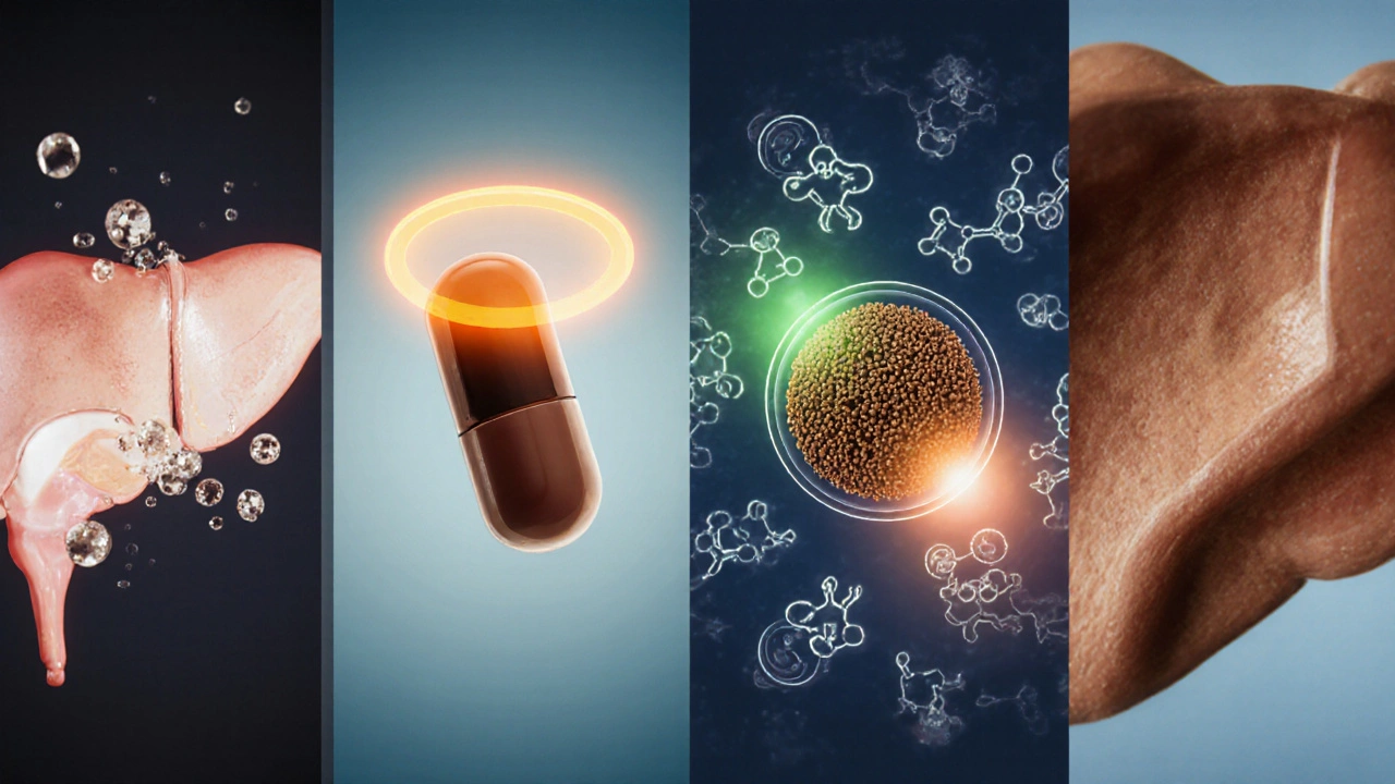 Four sections showing Actigall tablets, CDCA capsule, obeticholic pill, and cholestyramine resin with visual cues.