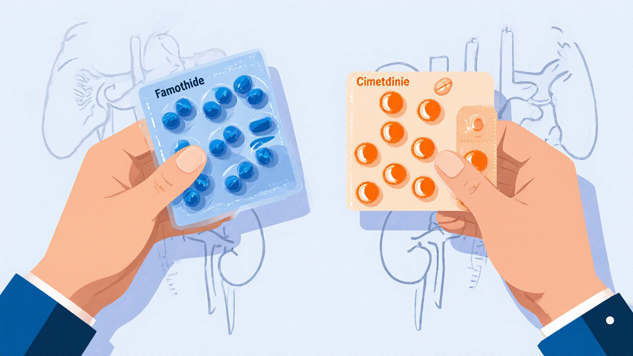 Hands holding famotidine (blue) and cimetidine (orange) pills with liver and kidney sketches behind.
