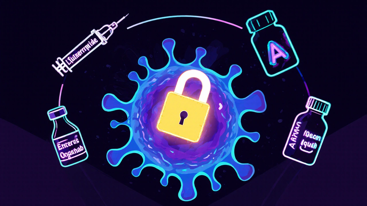 Illustrated cell showing Leflunomide blocking DHODH among icons of RA drugs.
