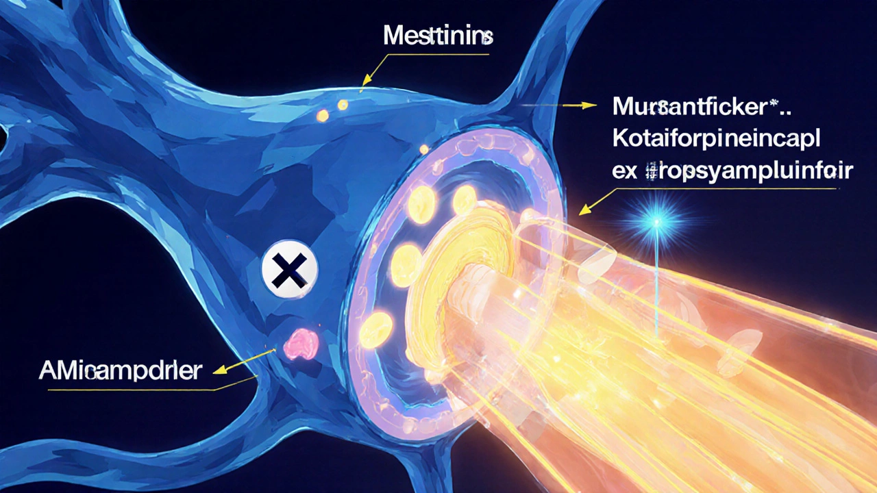 Illustrated neuromuscular junction showing how each drug affects acetylcholine signaling.