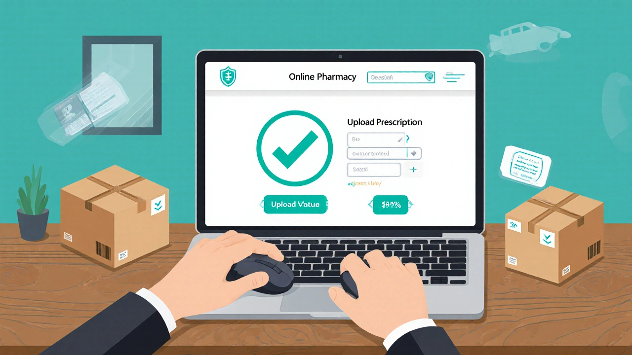 Illustration of a laptop showing a pharmacy site with checkmarks and three delivery boxes with price icons.