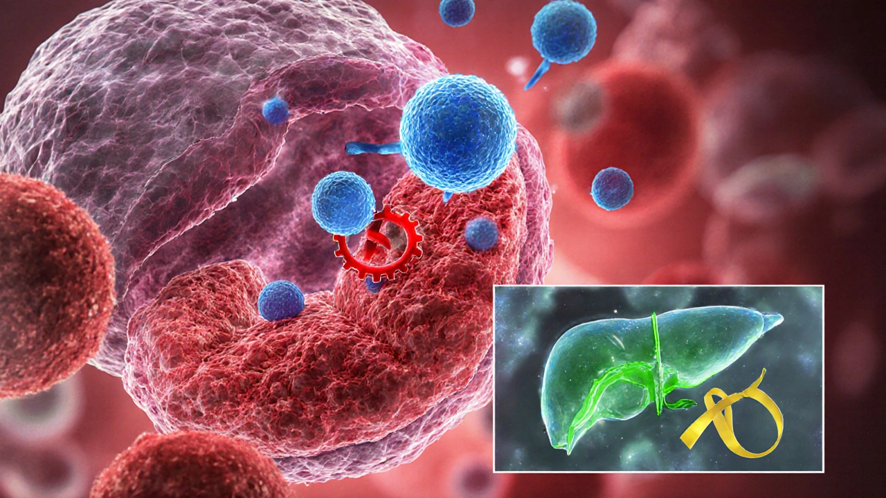 Illustration of Kaletra blocking HIV protease and ritonavir inhibiting liver CYP3A4 enzyme.