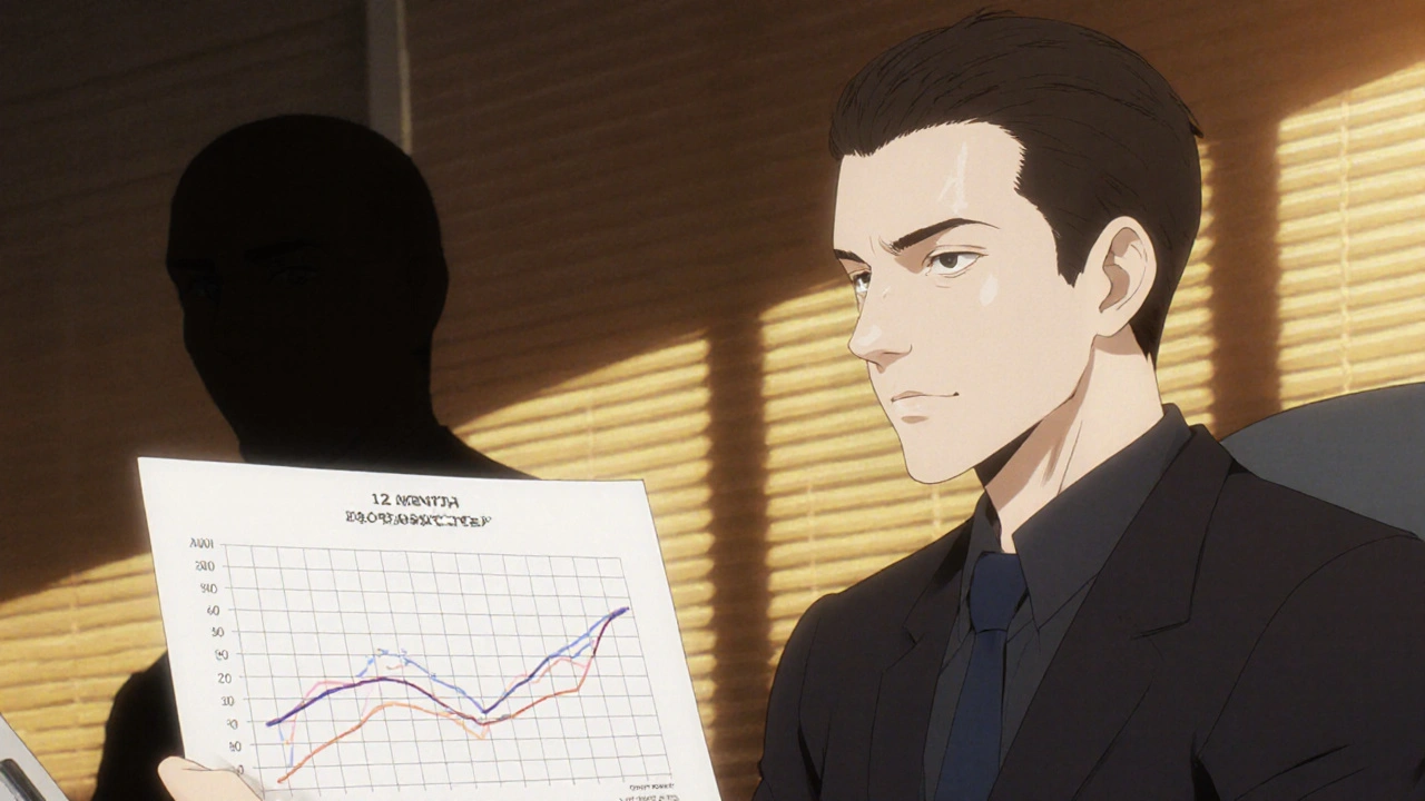 Man in doctor's office holding hair growth chart, past self fading away.