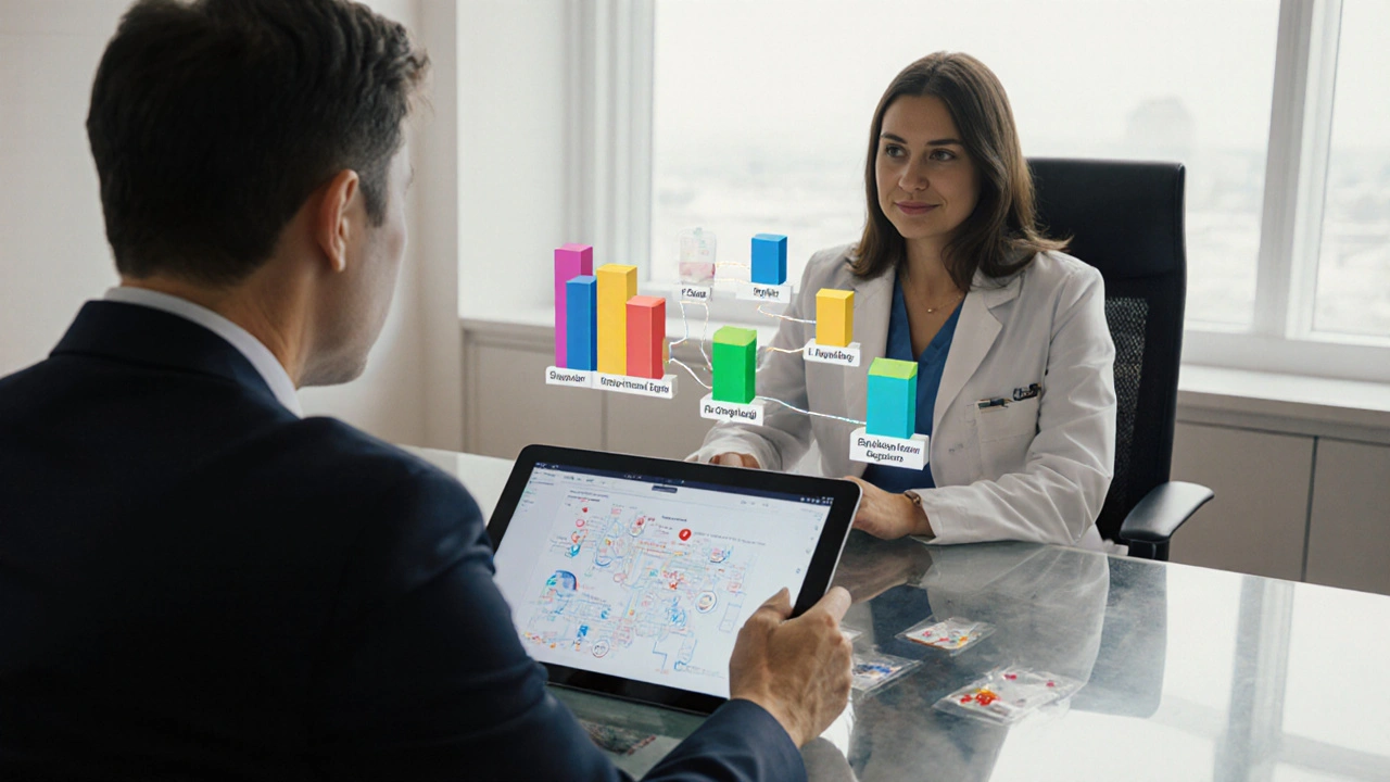 Patient and doctor discussing RA treatments with visual cost and option pathways in a clinic.