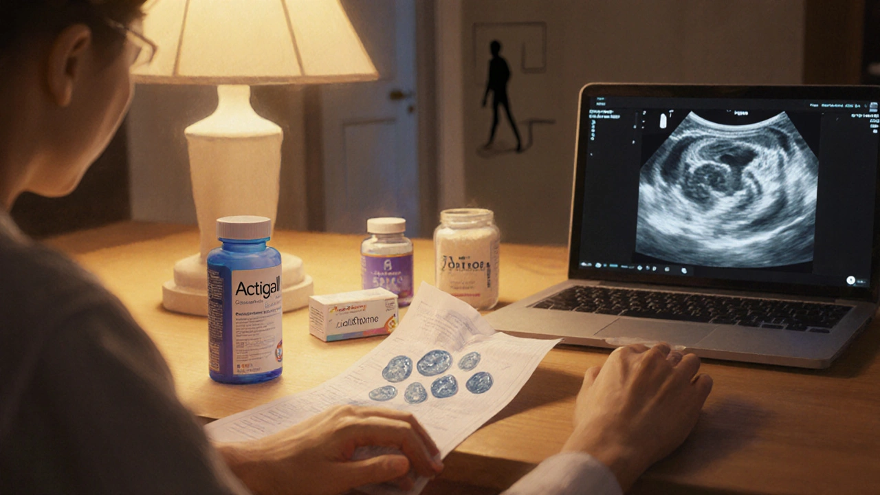 Patient reviewing gallstone ultrasound beside medication bottles, with a hint of surgery in background.