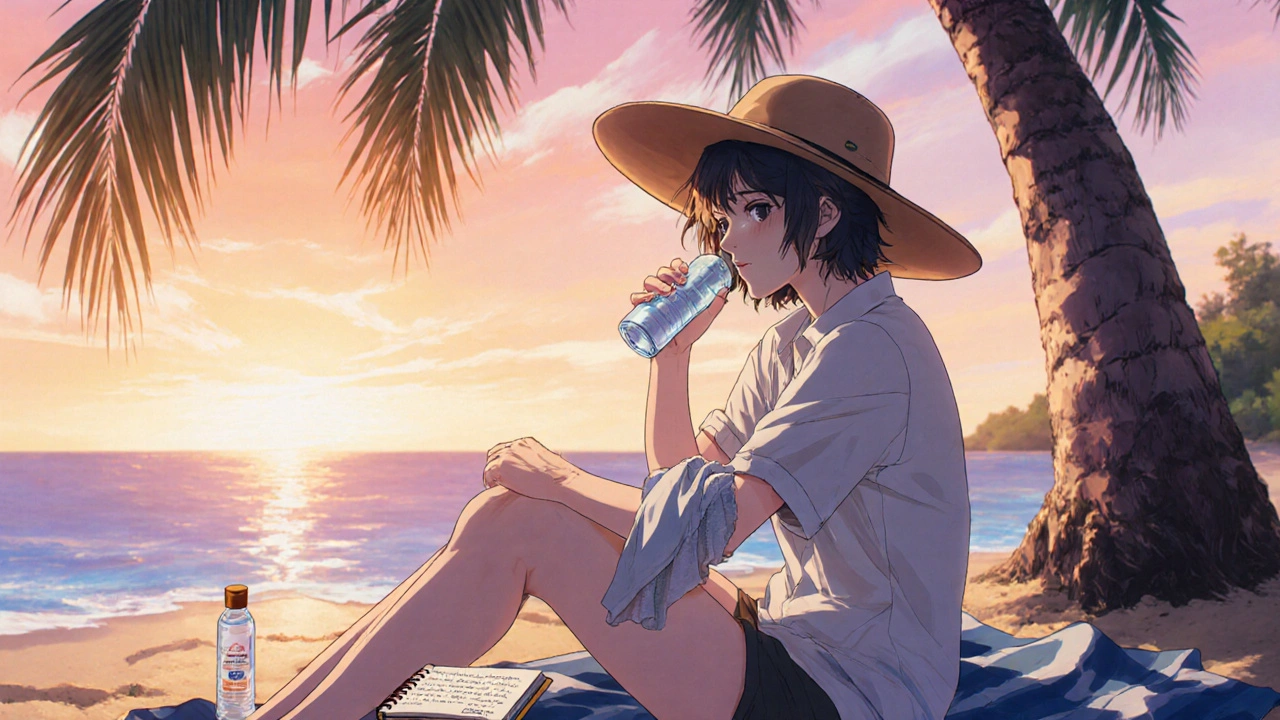 Person applying a cold compress on the beach while staying hydrated and protected from sun.