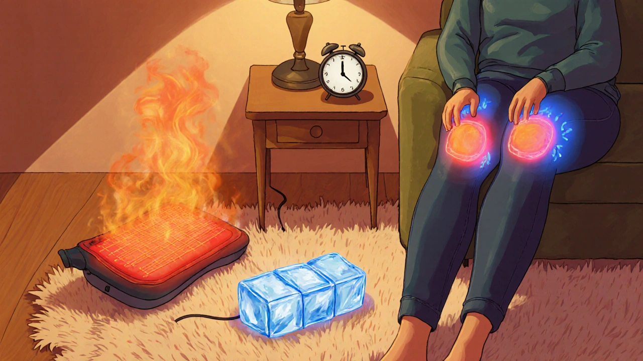 Person on rug uses a warm heating pad and a cold ice pack on the knee, showing contrasting therapies.