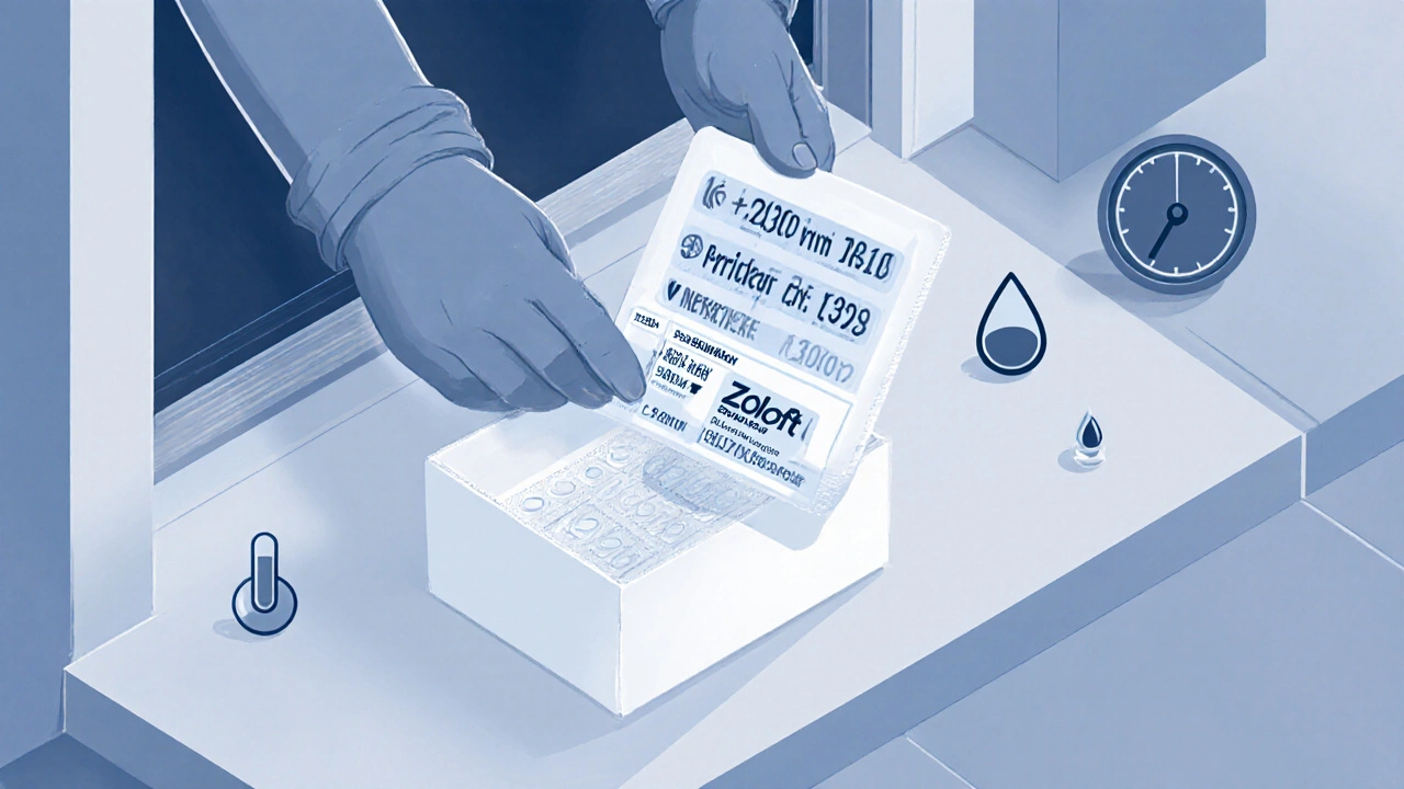 Person opening a parcel to reveal a blister pack of generic Zoloft, checking batch info.