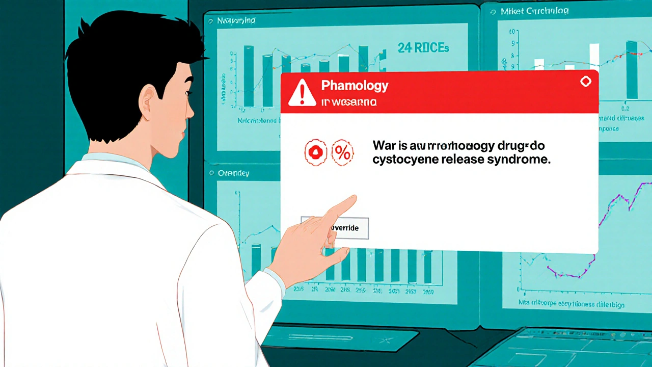 Pharmacist viewing a red boxed warning pop‑up on an EHR screen in anime style.