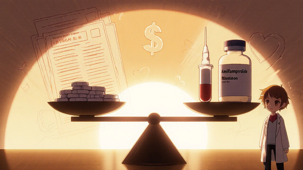 Scale balancing the three drugs with insurance and cost symbols nearby.