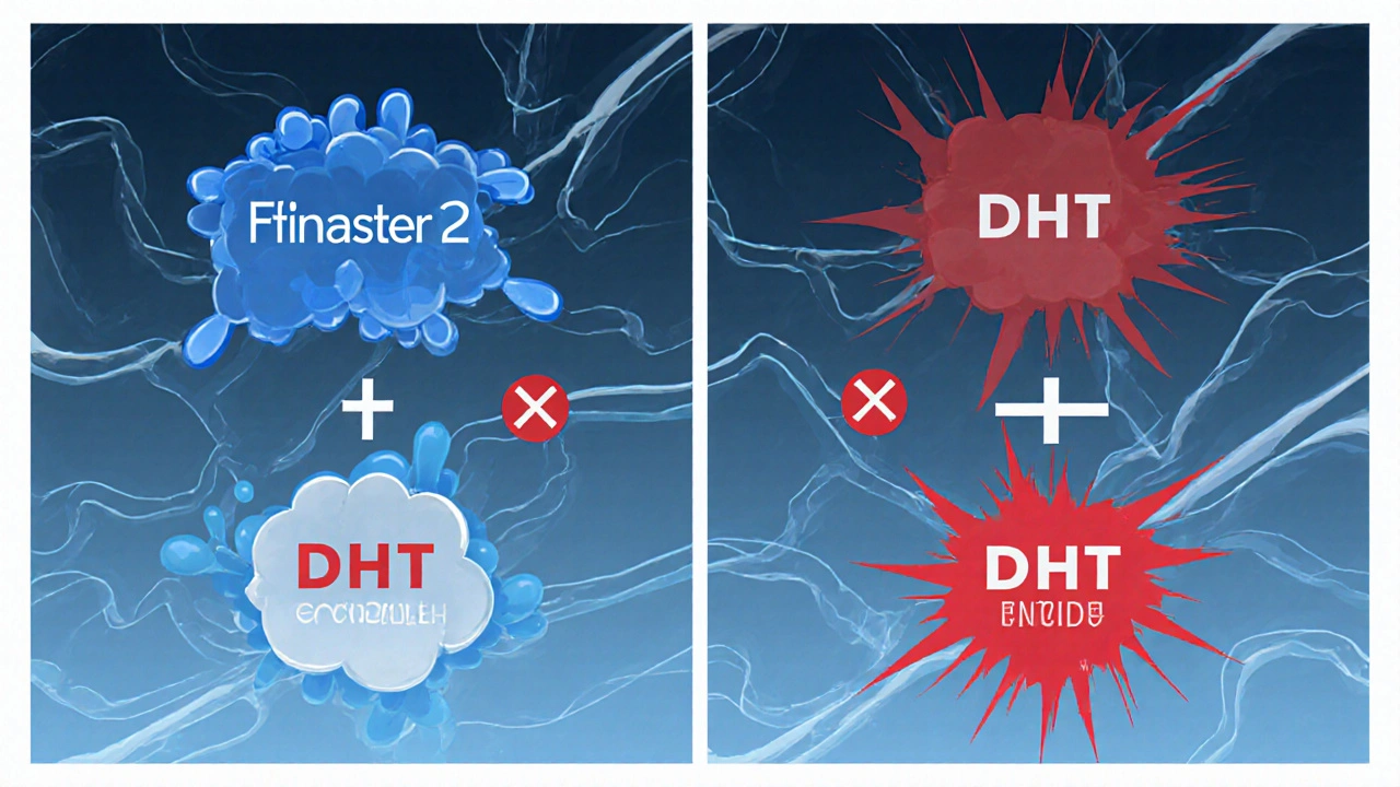 Split illustration comparing finasteride and dutasteride blocking DHT enzyme types.