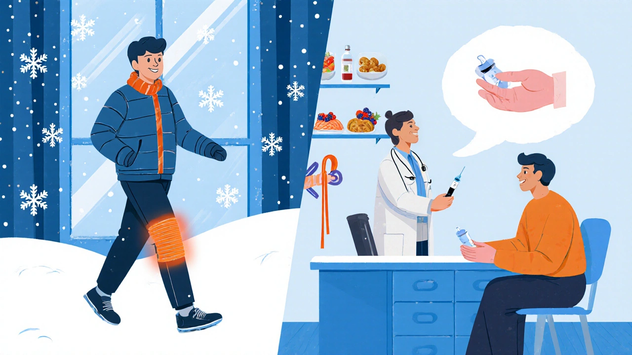 Split‑panel illustration of winter self‑care: layered clothing, exercise, healthy foods, and a doctor offering injection.