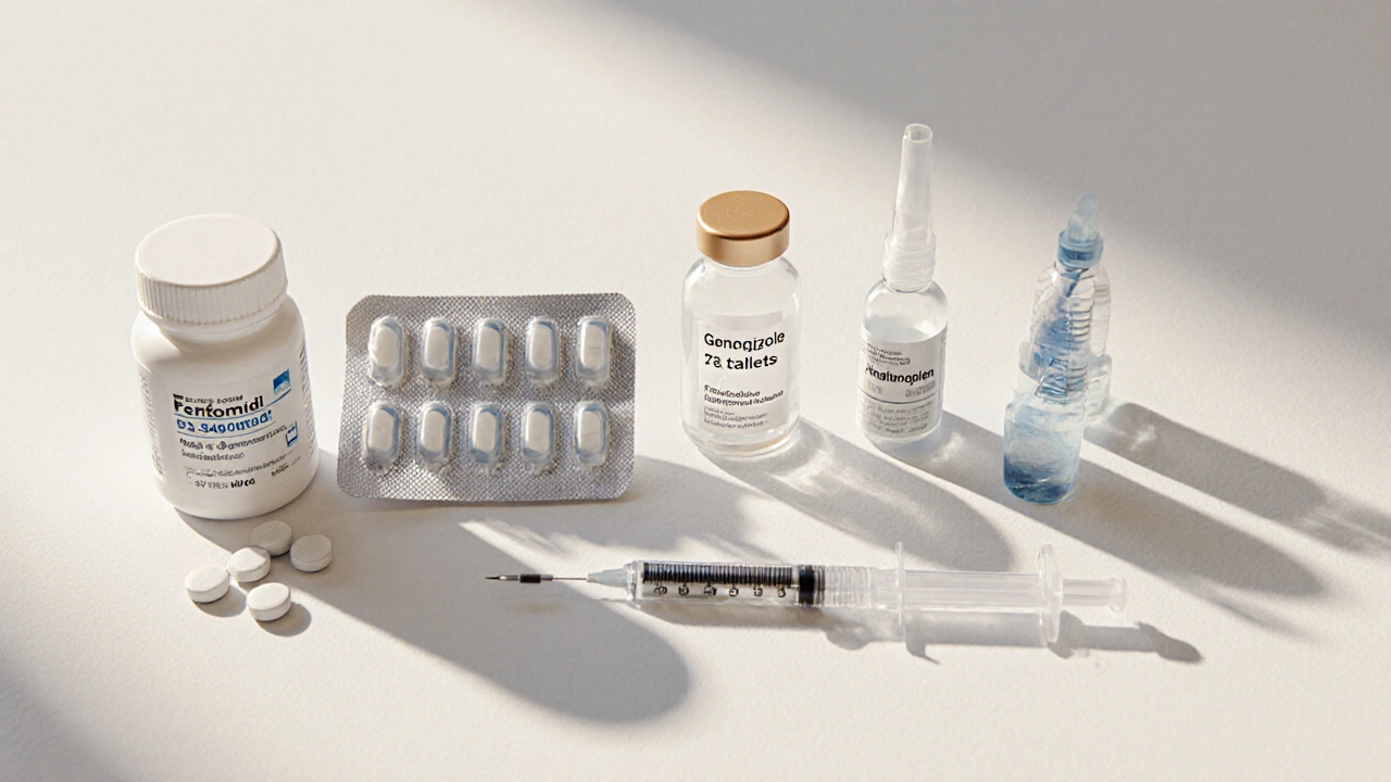 Still‑life of various fertility medication bottles, tablets, and syringes.