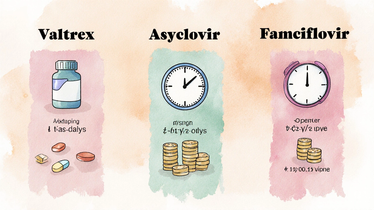 Watercolor comparison of three antivirals with pills, clocks and coins.