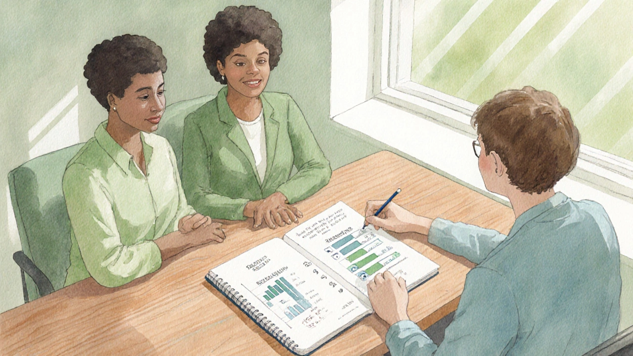 Watercolor scene of a couple consulting a doctor about fertility options.