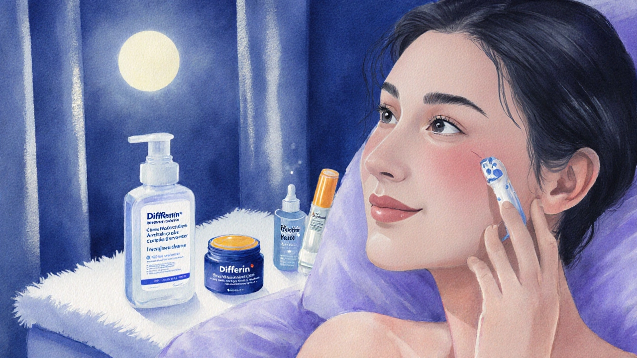 Watercolor scene of nighttime routine with Differin, cleanser, moisturizer, serum, and sunscreen.