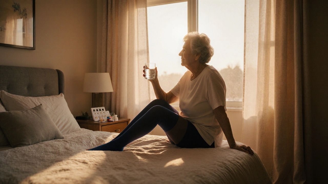 Woman in bed wearing compression stockings drinks water, illustrating management steps.