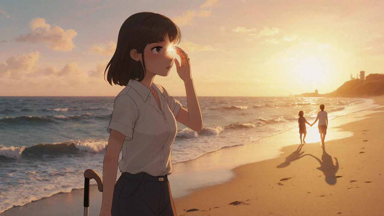 Woman walking peacefully on beach at sunset, watching waves, symbolizing preserved vision.