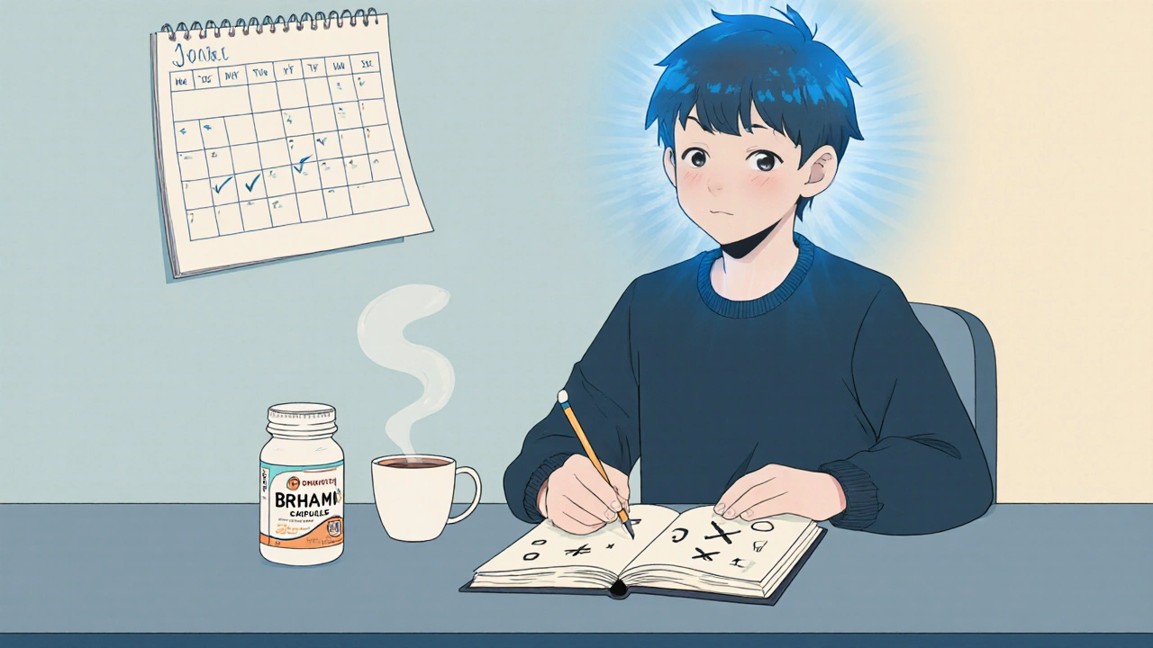 Young adult at a desk with Brahmi bottle, tea, and a aura of focus.