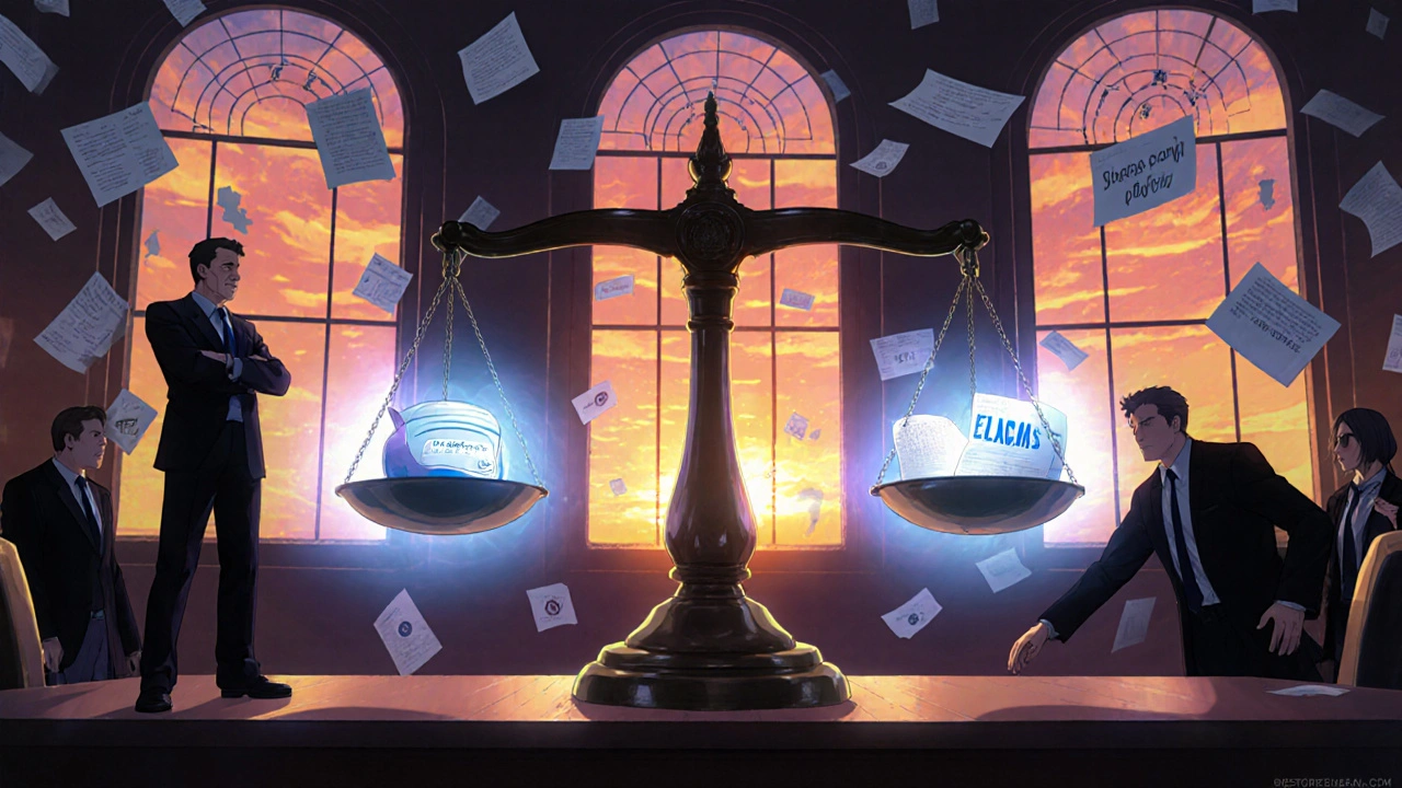 A courtroom scale balances a biologic drug against a biosimilar amid legal documents and maps.