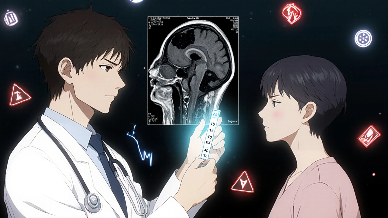 A doctor shows a rising JC antibody index while a patient views an MRI with early PML brain lesions.