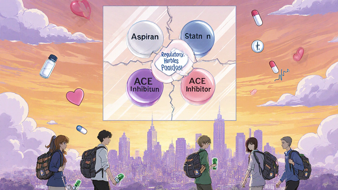 A dreamlike polypill floats above a city, blocked by regulatory barriers, while patients carry single pills.