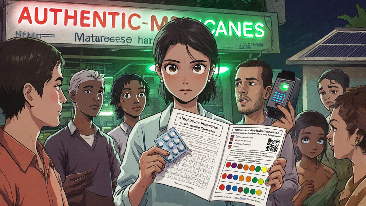 A health worker teaches villagers to identify counterfeit pills using a color guide and solar scanner.