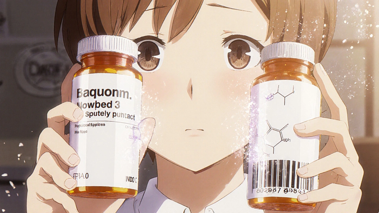 A patient holding two pill bottles—one branded, one blank—with chemical structures floating above them.