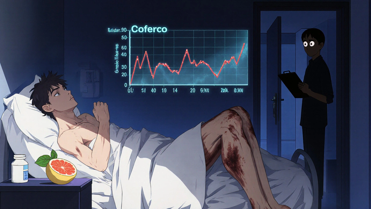 A patient in a hospital bed with dark muscle bruising, a rising statin level graph above, and a pharmacist watching anxiously.