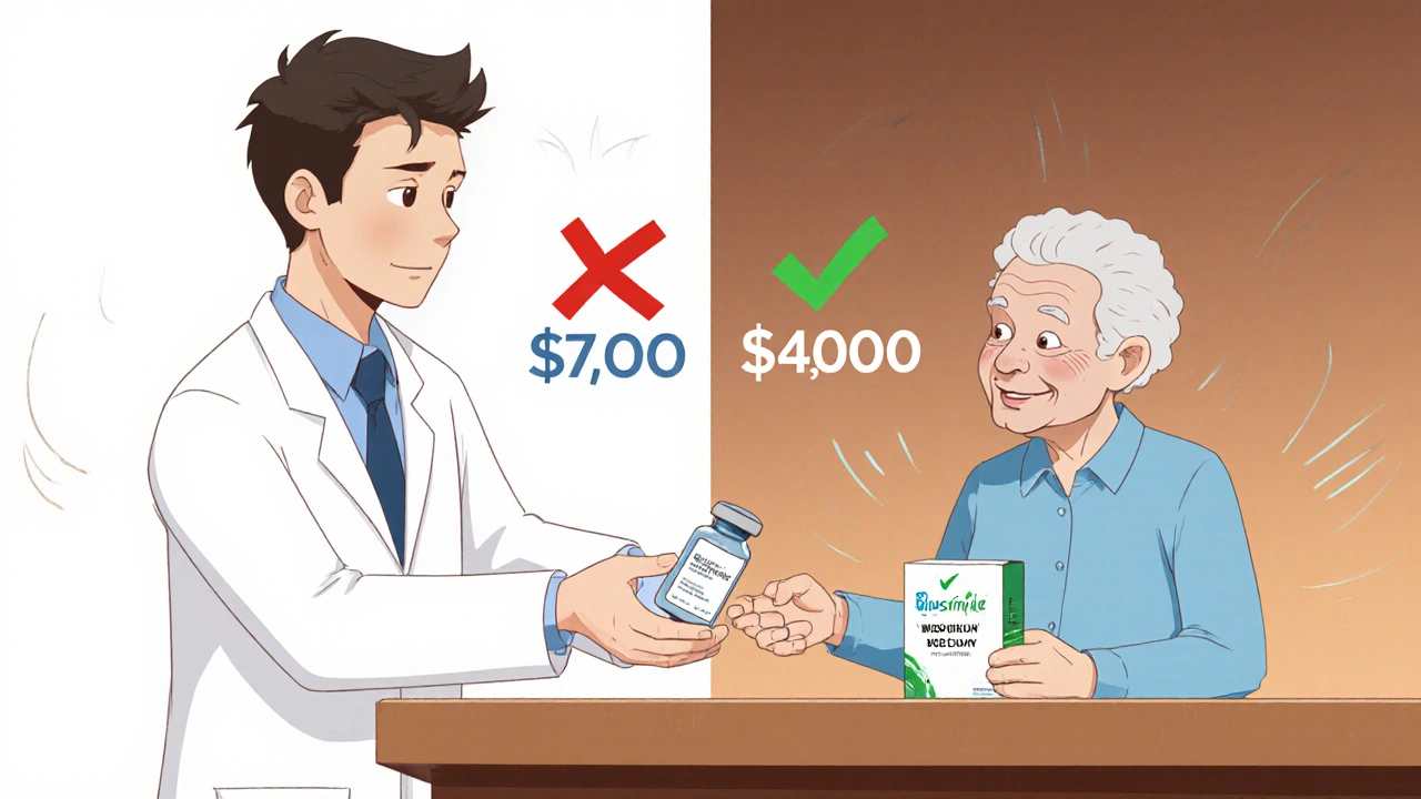 A pharmacist hands a biosimilar medication to an elderly patient with price comparison visuals.