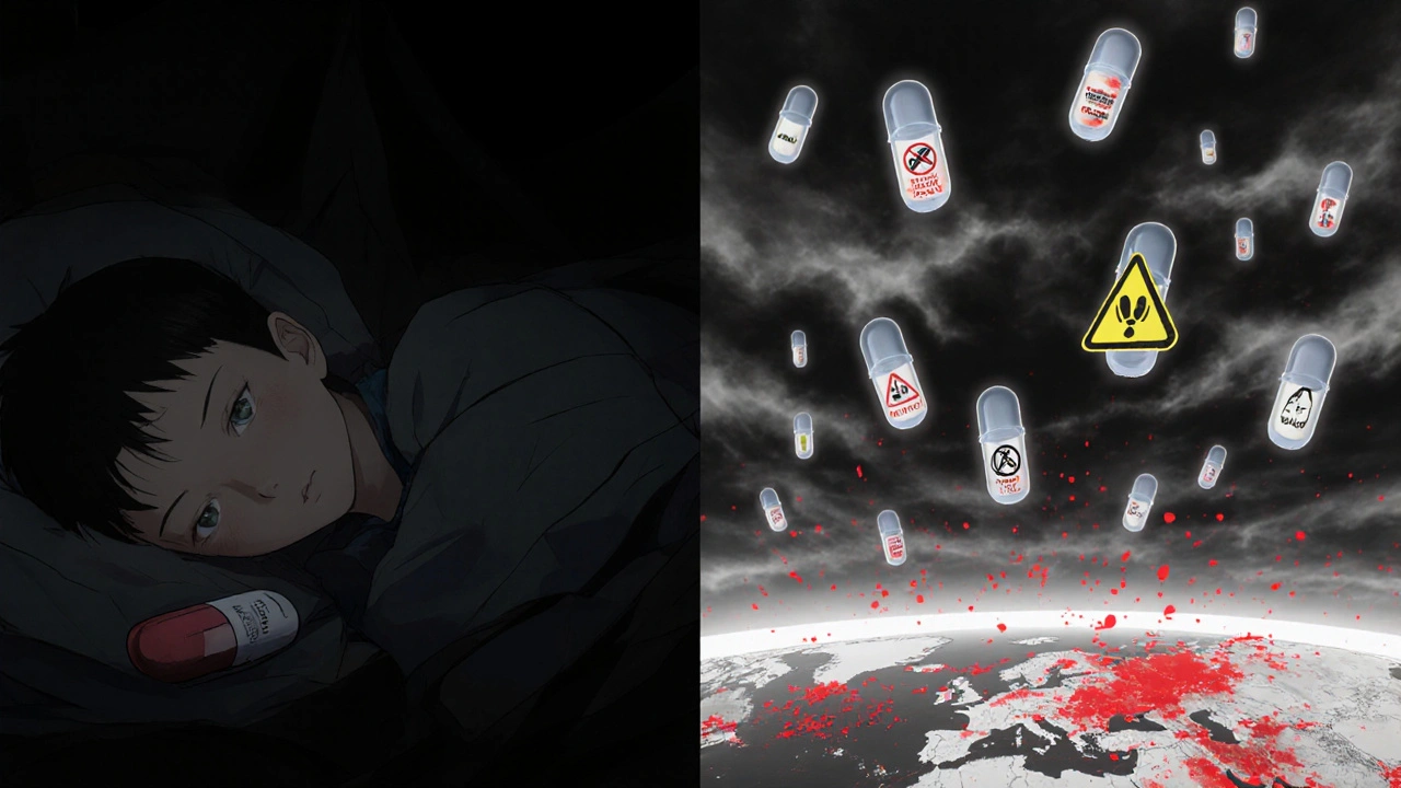 A split scene shows a child alive with real medicine versus dead with ghostly toxic fake pills drifting away.